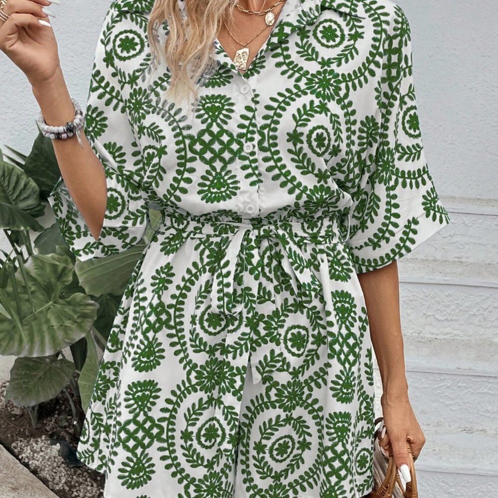 Green Boho Ladies' Printed Leisure Vacation Batwing Sleeve Belted Romper - Picture 4 of 5